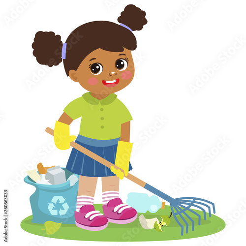 Vector Set Illustrations Kids Picking Up Plastic Bottles Into Garbage Bags. Children Cleaning Environment From Trash. Kids Collect Rubbish For Recycling. Eco Education Vector Illustration.