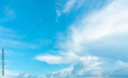 Summer blue sky soft clear Cloudy background. Puffy Cloud move by windy on beach concept Felling good-tempered relaxing sunset wallpaper, sunrise journey to travel in tropical fog shiny mist style