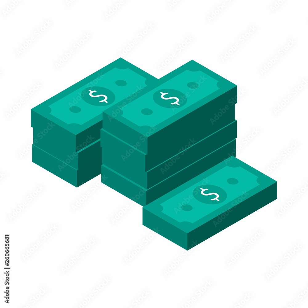 Fototapeta premium Dollars Bundles, Money, Dollar, Pile of money, Isometric, Finance, Business, No background, Vector, Flat icon, Money illustration of wealth and condition.