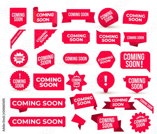 Set of Coming Soon promo banners, stickers and tag labels. Red shop or store banners and ribbon signs. Vector illustration. Isolated on white background.