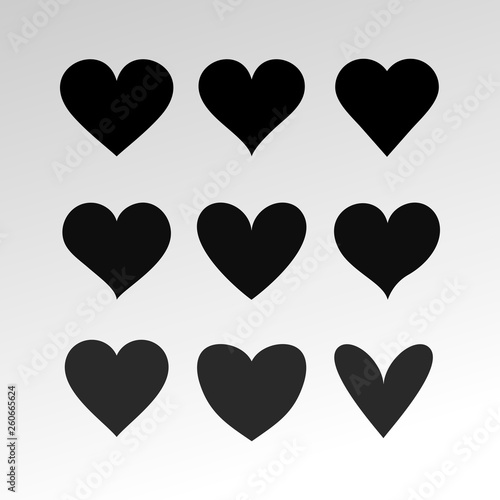 Set of flat black heart icon. Vector illustration. Isolated on white background.