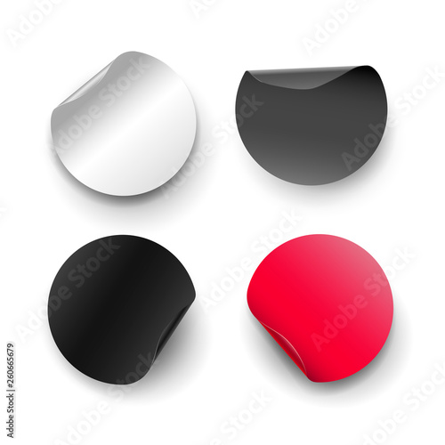 Set of round paper, stickers. White, grey, black and red colors. Vector illustration. Isolated on black white background.