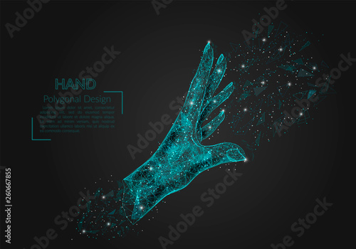 Abstract isolated image of human palm. Polygonal illustration looks like stars in the blask night sky in spase or flying glass shards. Digital design for website, web, internet.