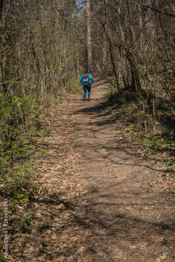 Girl walking in forest on mountain, dressed in blue clothes