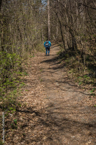 Girl walking in forest on mountain, dressed in blue clothes