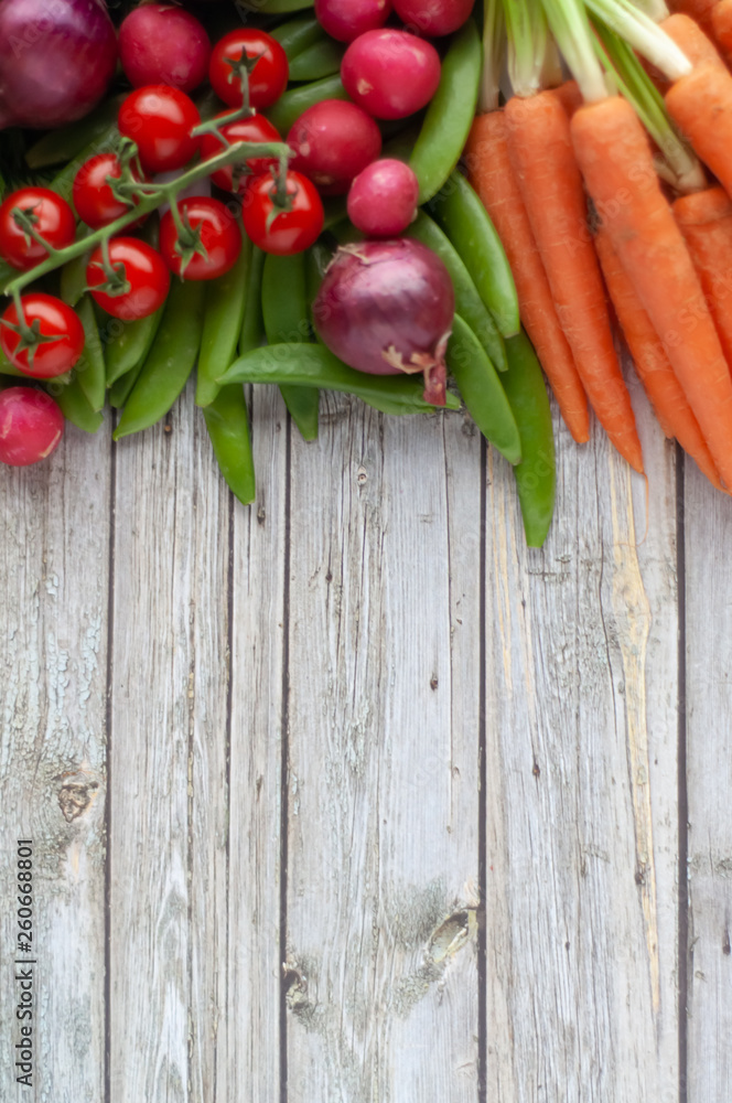 Various fresh vegetables on white wooden table with copy space Various fresh vegetables on white wooden table with copy space