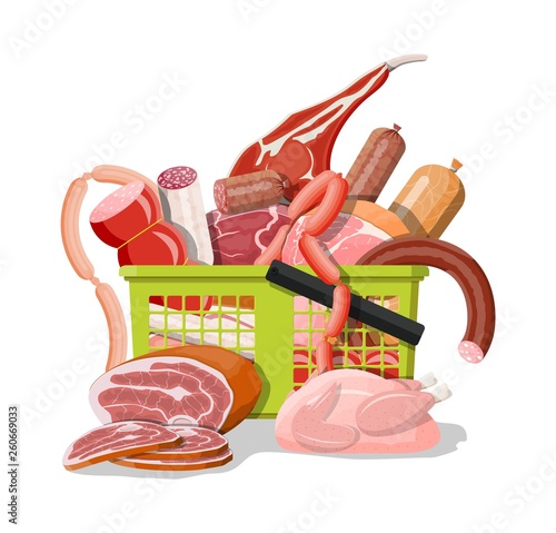 Shopping supermarket basket full of meat. Chop, sausages, bacon, ham. Marbled meat beef. Butcher shop, steakhouse, farm organic products. Grocery food. Pork fresh steak. Vector illustration flat style