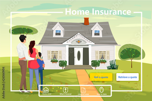 Home insurance website conceptual design. Home insurance services. Family is looking at their new house.