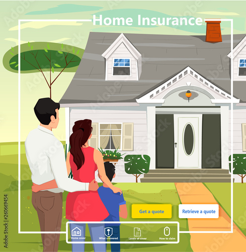 Home insurance website conceptual design. Home insurance services. Family is looking at their new house.
