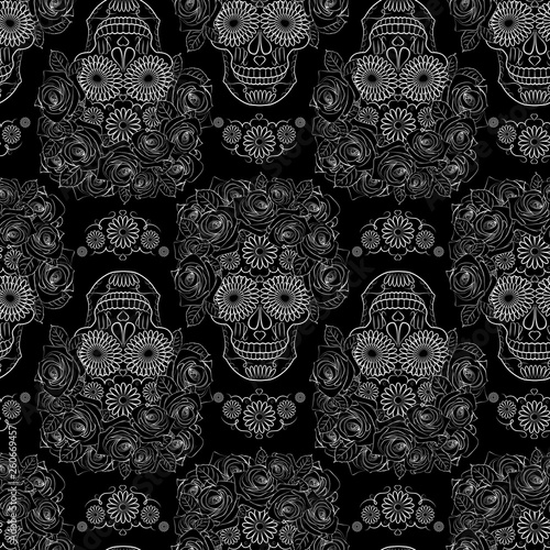 black and white seamless pattern with skull, symbol of the national Mexican holiday Day of the dead and day of angels