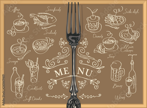 Vector restaurant menu with fork, sketches of different dishes and handwritten inscriptions. Contour drawings in retro style. Drawing chalk on the brown blackboard