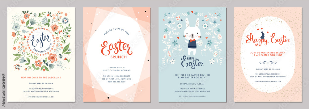 Obraz Cute Happy Easter templates with eggs, flowers, floral wreath, rabbit and typographic design.