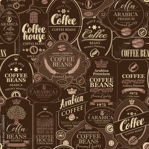 Vector seamless pattern on coffee and coffee house theme with various labels in retro style on the brown background. Can be used as wallpaper or wrapping paper