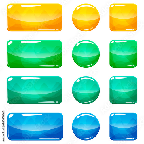 Colorful rounded square, rectangle and circle glossy buttons set, vector assets for web or game design, app icons vector template isolated on white background.