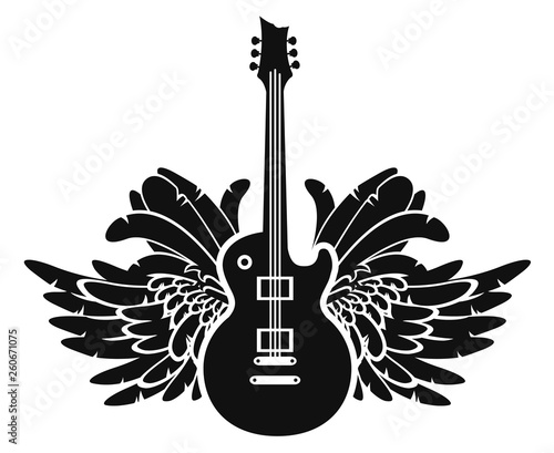 Vector black and white illustration with electric guitar and wings. Can be used for flyers, posters, t-shirt design, tattoo, icon, logo