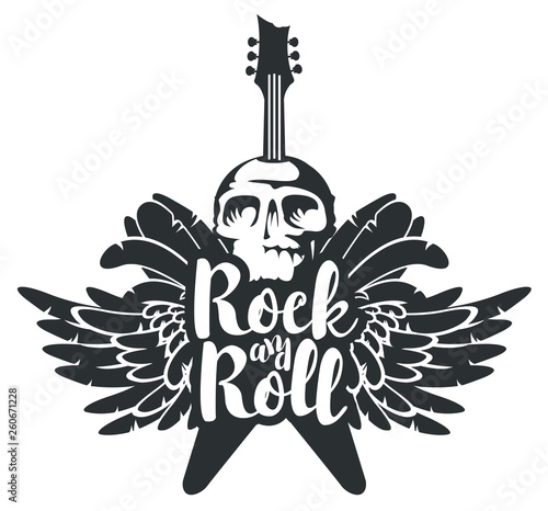 Vector banner with inscription Rock and roll, with electric guitar, wings and human skull. Black and white illustration, can be used for flyers, posters, t-shirt design, tattoo, icon, logo
