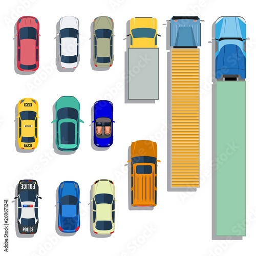 Cars and trucks top view flat icons. Set of car and sedan car. Vector illustration in flat style photo