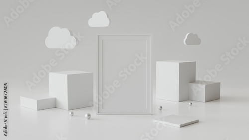 Blank picture frame with cylinder podium. Abstract geometric background for display or mockup. 3D rendering.