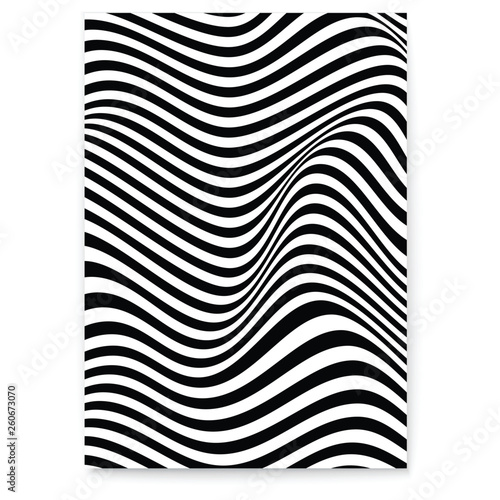 Abstract layout with wavy twisted background. Pattern from lines, halftone effect. Black and white modern art texture. Minimalistic design. Template for poster, banner, cover, postcard, stickers