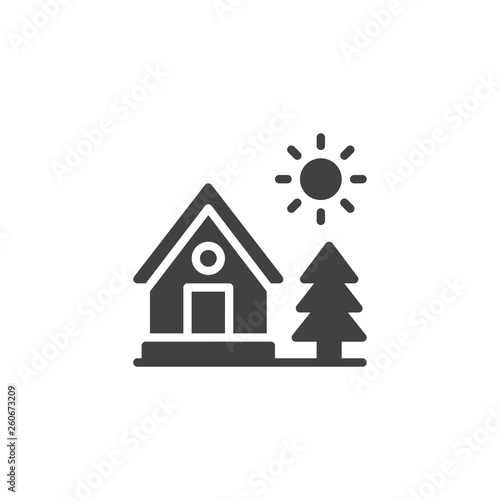 Forest house vector icon. Home filled flat sign for mobile concept and web design. Camping house with tree and sun glyph icon. Symbol, logo illustration. Pixel perfect vector graphics