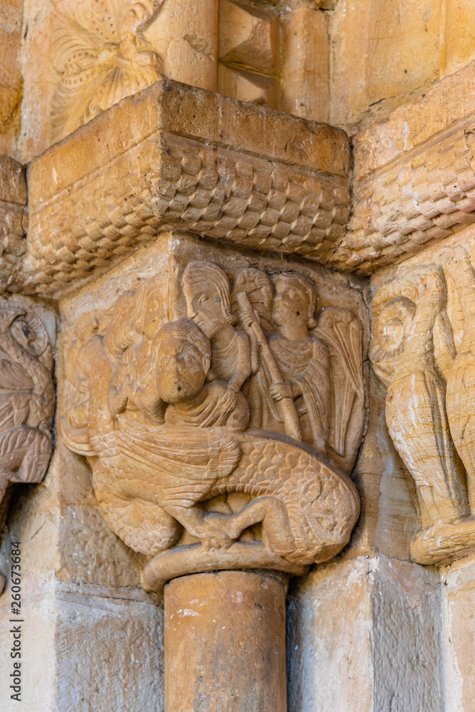 Romanesque capital in the facade of a chuch