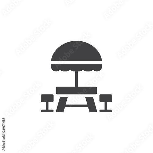 Camping Table and Bench vector icon. Terrace cafe filled flat sign for mobile concept and web design. Umbrella with Table and chair glyph icon. Symbol, logo illustration. Pixel perfect vector 
