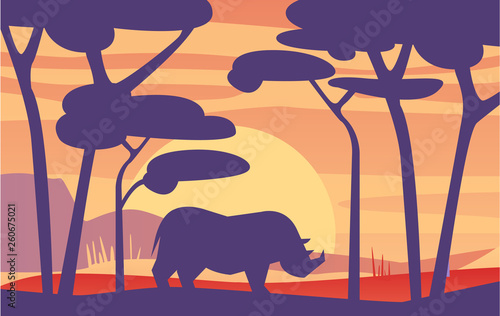 Beautiful scene of nature, peaceful African landscape with rhinoceros at evening time, template for banner, poster, magazine, cover horizontal vector Illustration