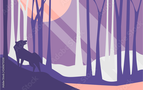 Beautiful scene of nature, peaceful landscape with forest and wolf at night time, template for banner, poster, magazine, cover horizontal vector Illustration