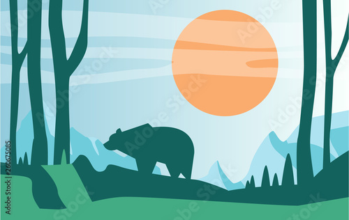 Beautiful scene of nature, peaceful summer landscape with forest and bear, template for banner, poster, magazine, cover horizontal vector Illustration