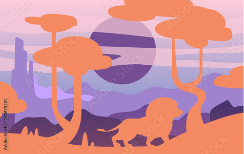 Beautiful scene of nature, peaceful savannah landscape with lion, template for banner, poster, magazine, cover horizontal vector Illustration