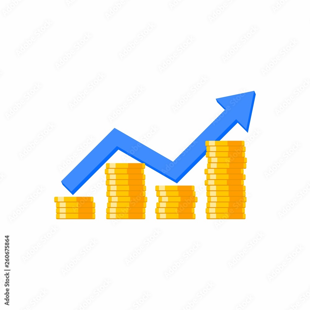 Coin price up graph, Many coins, Pile of money, No background, Vector, Flat icon, Gold stack of dollar coins, Investment concept. Coin price up graph, Many coins, Pile of money, No background, Vector, Flat icon, Gold stack of dollar coins, Investment concept.