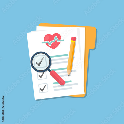 Medical folder with document checklist, magnify glass and pencil in a flat design