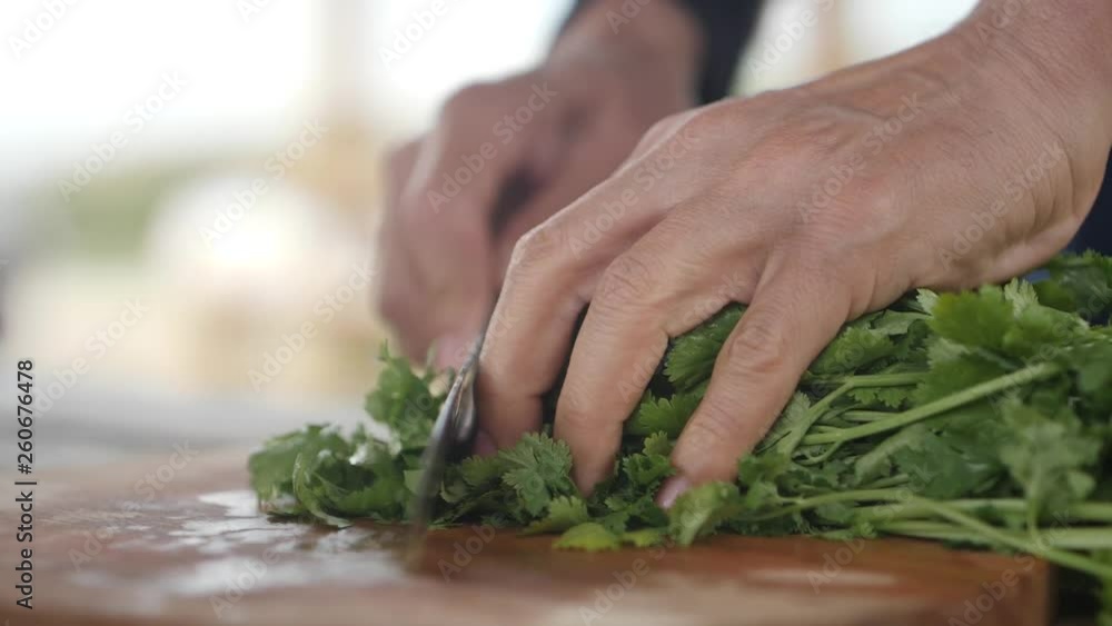 Close-up of cutting coriander on a wooden cutting board Close-up of cutting coriander on a wooden cutting board