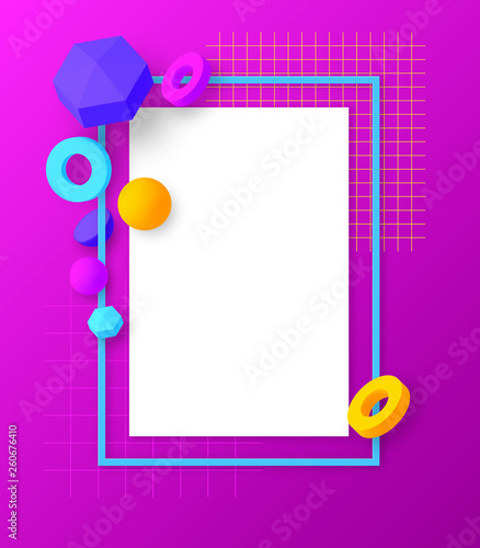 Colorful rectangular frame with geometric 3D elements. Trendy design. Vector