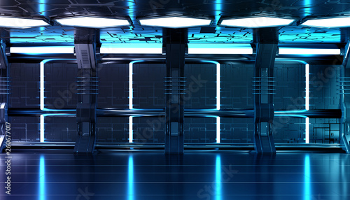Fototapeta Naklejka Na Ścianę i Meble -  Dark blue spaceship futuristic interior with tech wall panel 3d rendering