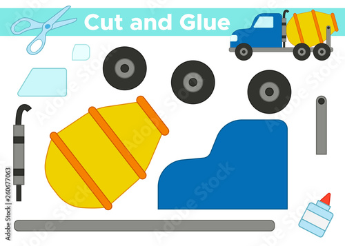 Cut and glue, create the image - vector cement mixer car. Educational paper game for kids.