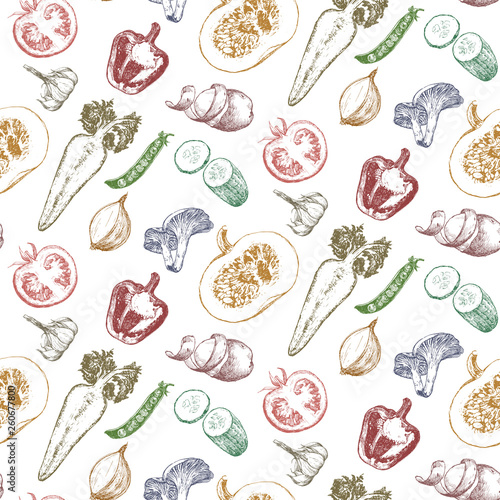 Wallpaper Mural Seamless Pattern. Hand-drawn illustration of vegetables and fruits, vector Torontodigital.ca