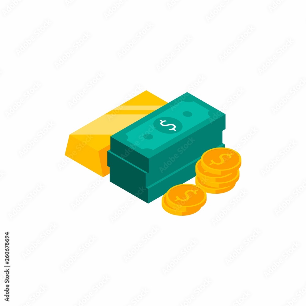Obraz premium Gold bar, Dollars Bundles, Money, Dollar, Pile of money, Coin, Isometric, Finance, Business, No background, Vector, Flat icon, Money illustration of wealth and condition.