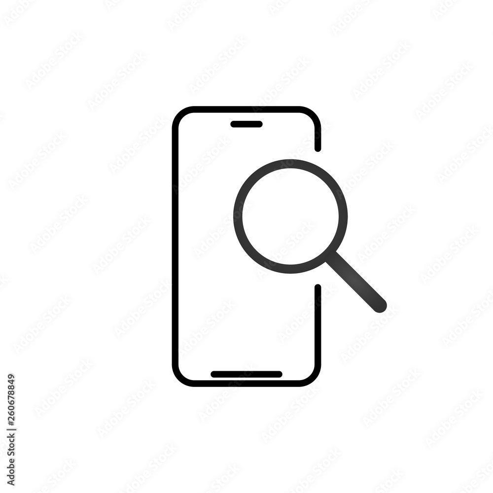 Mobile phone search outline icon. linear style sign for mobile concept and web design. Smartphone and magnifying glass simple line vector icon. Vector illustration isolated on white background. Mobile phone search outline icon. linear style sign for mobile concept and web design. Smartphone and magnifying glass simple line vector icon. Vector illustration isolated on white background.