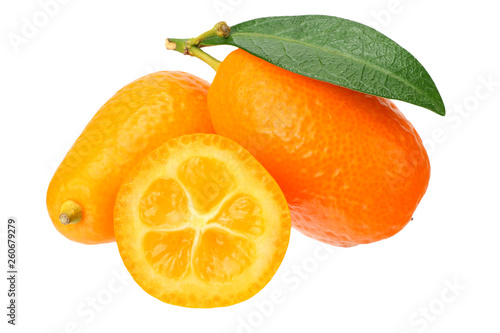 Cumquat or kumquat with slices and leaves isolated on white background