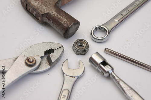 Labor day background - blank white paper with work tools. soft focus