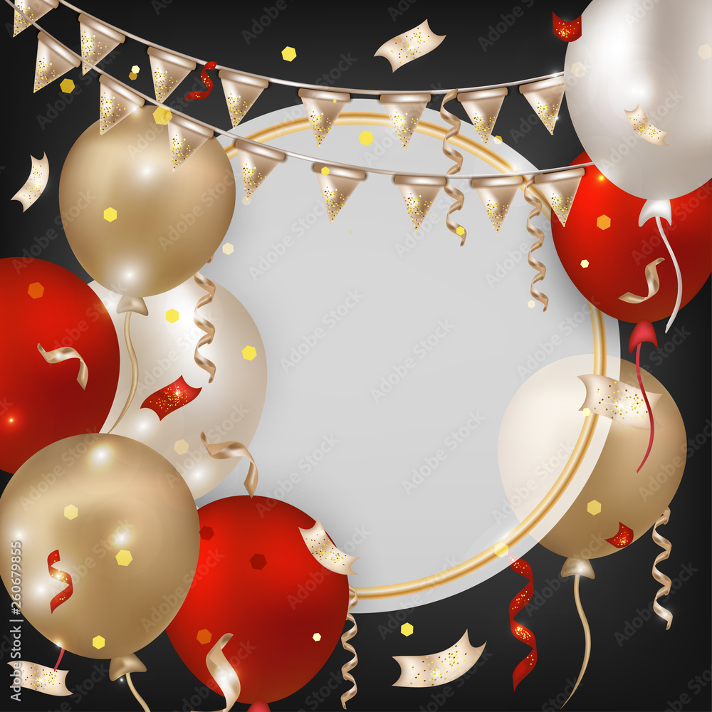 Happy birthday greeting card. Banner for events, sales, party. Vector  background with red, gold, pearl balloons, serpentine, confetti, sparkles,  lights. Stock Vector | Adobe Stock
