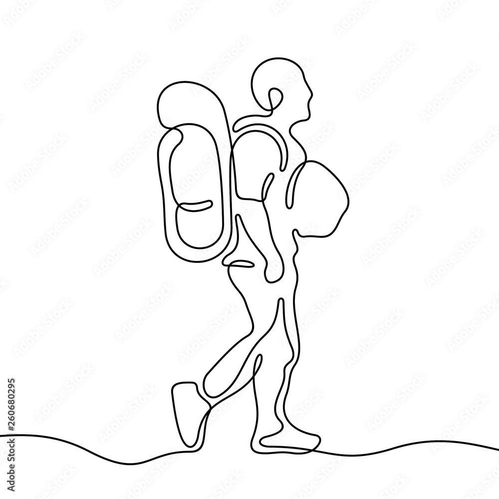Backpacker continuous line vector illustration - obrazy, fototapety, plakaty 