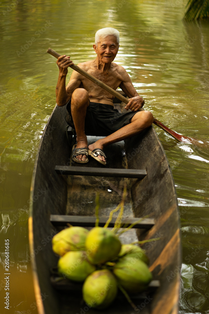 Old man collecting coconut by using boat in cococut farm Old man collecting coconut by using boat in cococut farm