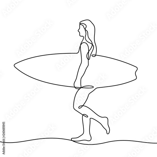 Surfer girl continuous line vector sketch