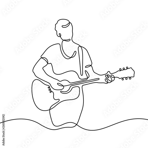 Man with guitar continuous line vector illustration