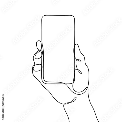 Hand holding smartphone continuous line vector illustration