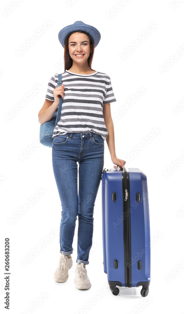 Female tourist with luggage on white background