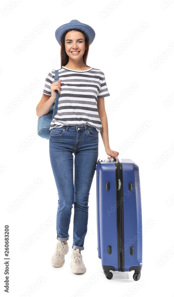 Female tourist with luggage on white background Female tourist with luggage on white background