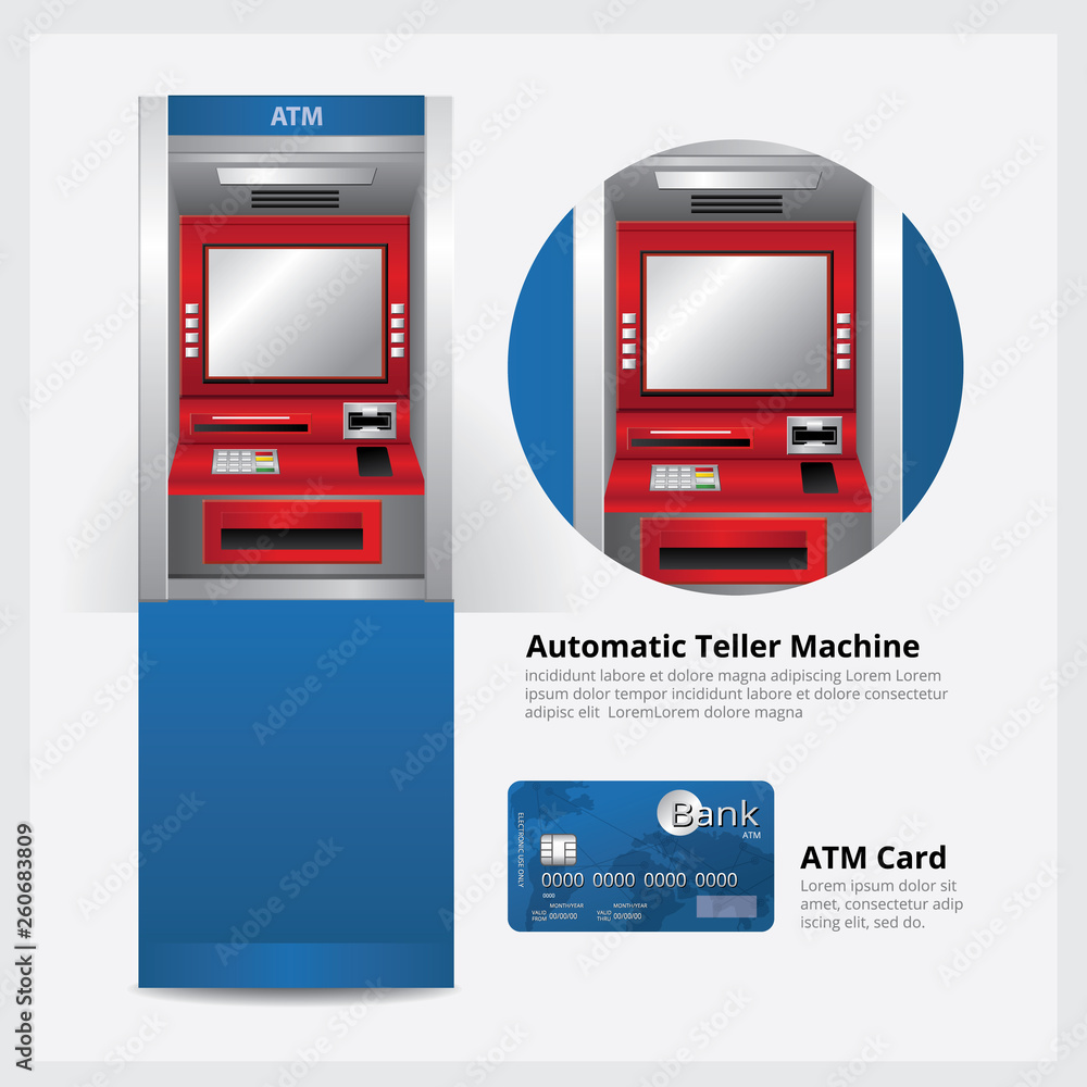 ATM Automatic Teller Machine with ATM Card Vector Illustration ATM Automatic Teller Machine with ATM Card Vector Illustration